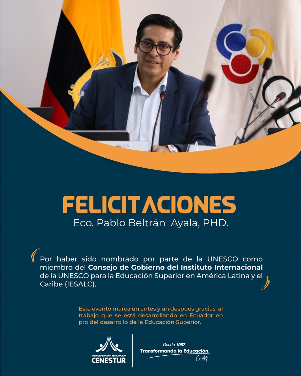 Instituto CENESTUR (@cenestur_ec) on Twitter photo El Instituto Superior Tecnológico CENESTUR hace llegar sus felicitaciones a <a href="/PabloBeltran_A/">Pablo Beltrán Ayala</a> por su nombramiento. Deseamos los mejores éxitos en esta nueva labor. #CES #CENESTUR #Educación El Instituto Superior Tecnológico CENESTUR hace llegar sus felicitaciones a <a href="/PabloBeltran_A/">Pablo Beltrán Ayala</a> por su nombramiento. Deseamos los mejores éxitos en esta nueva labor. #CES #CENESTUR #Educación