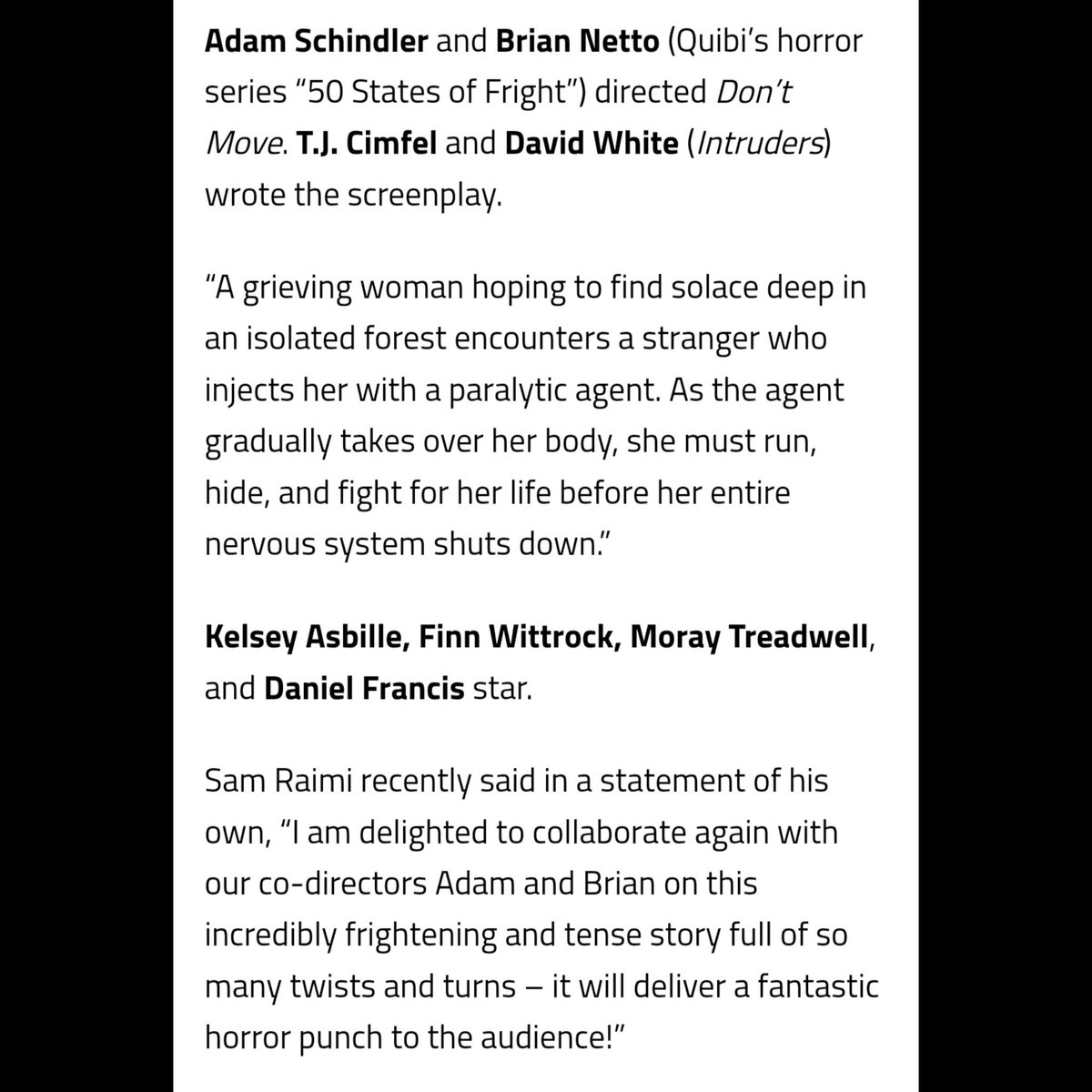 Finn Wittrock Source (@finn_wittrock__) on Twitter photo 🆕️🆕️🆕️
Horror Thriller 'Don’t Move', is set to premiere on Netflix October 25, 2024!
Directed by Adam Schindler & Brian Netto.
T.J. Cimfel & David White wrote the screenplay.
Starring Kelsey Asbille, <a href="/FinnWittrock/">Finn Wittrock</a>, Moray Treadwell, and Daniel Francis.
| via <a href="/BDisgusting/">Bloody Disgusting</a> 🆕️🆕️🆕️
Horror Thriller 'Don’t Move', is set to premiere on Netflix October 25, 2024!
Directed by Adam Schindler & Brian Netto.
T.J. Cimfel & David White wrote the screenplay.
Starring Kelsey Asbille, <a href="/FinnWittrock/">Finn Wittrock</a>, Moray Treadwell, and Daniel Francis.
| via <a href="/BDisgusting/">Bloody Disgusting</a>