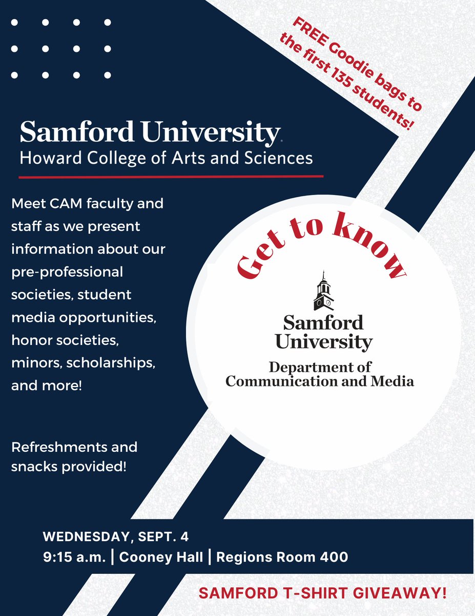 samford_cam's tweet photo. Join us on Wed, Sept 4! Meet CAM faculty and staff as we present information about our pre-professional societies, student media opportunities, honor societies, minors, scholarships, and more! #CAMatSamford https://t.co/kDkr6QGIs8