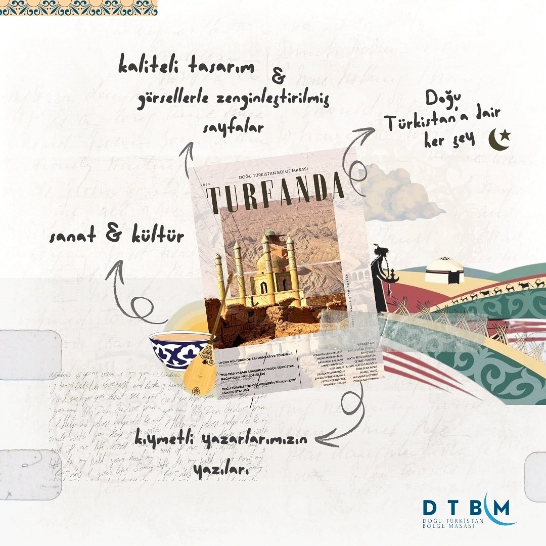 dtbmasasi's tweet photo. Turfanda dergisinin 2.sayısı yakında sizlerle! 

📍Turfanda dergisi; Doğu Türkistan'ı mimari, edebiyat, kültür ve tarih açısından farklı perspektiflerden tanımaya ve tanıtmaya çalıştığımız bir dergidir. 
📍Dopdolu içerikleriyle 2.sayısını beklemede kalın! ✨️ https://t.co/vTBE0MvE0k
