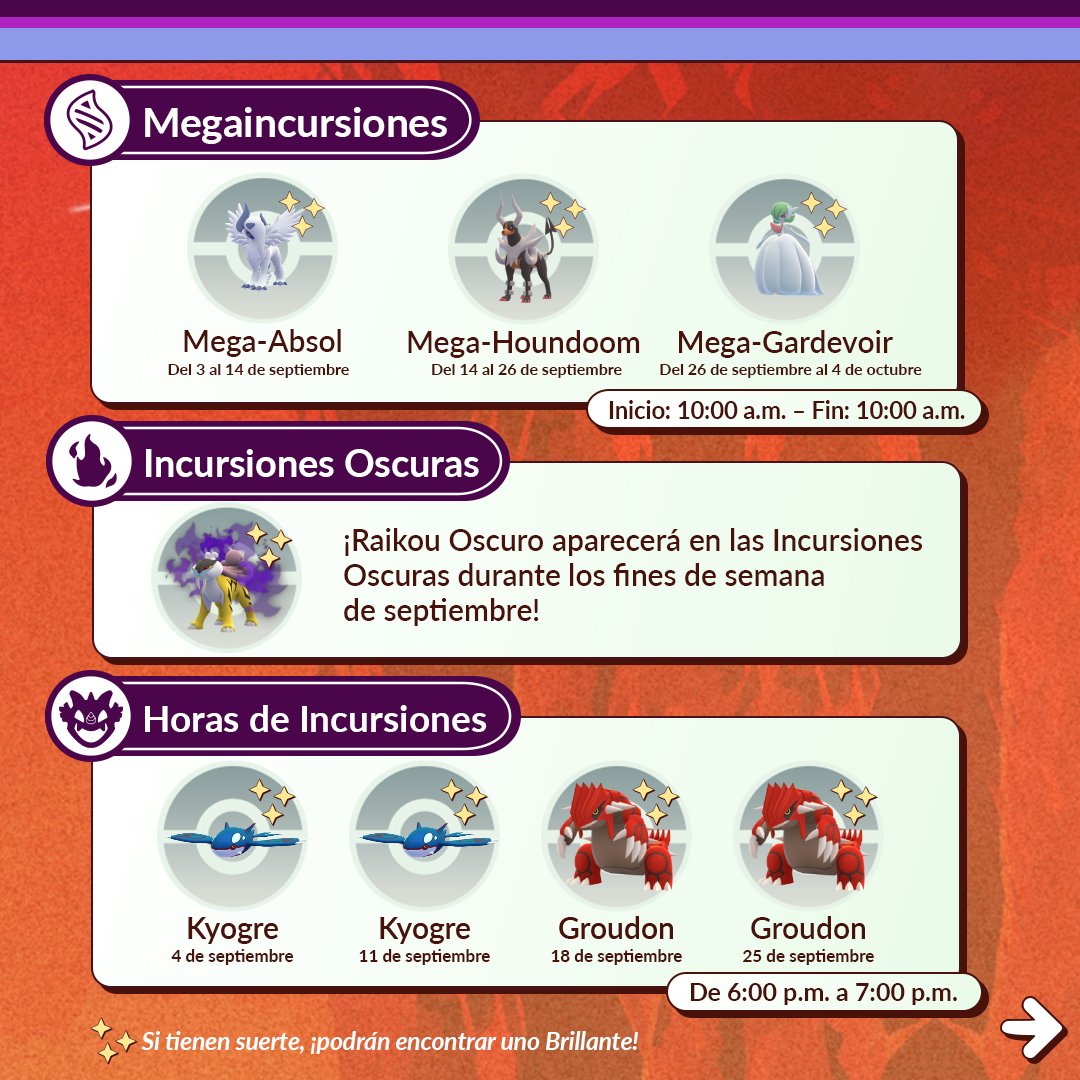 PokemonGoAppLA's tweet photo. Entrenadores, septiembre estará repleto de aventuras en #PokemonGO, ¡así que prepárense para salir y divertirse a lo GRANDE! 👟 https://t.co/4jabGkHaOc