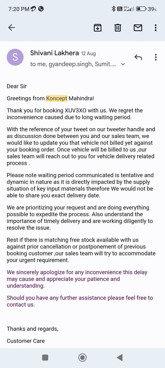HanuRahul's tweet photo. @anandmahindra @Mahindra_Auto booking date:06.05.2024
Model: XUV 3XO (AX5)
Dealer: KoNCEPT noida extension
Status on 28.08.24 (15 weeks): No response from dealer. Blaming Mahindra production plan!

"Nitin" from Koncept Mahindra not even responding to my calls! 

POOR CRM! https://t.co/9qYPJO7ptG