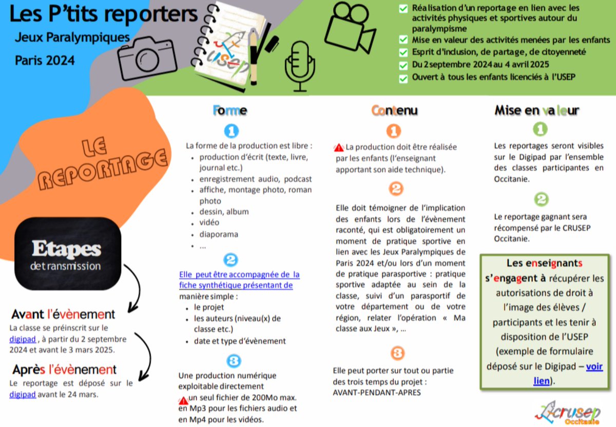 CrusepO's tweet image. ♿🔥 Top départ pour les #JeuxParalympiques2024 ! 🔵🟡⚫️🟢🔴

À cette occasion et pour faire écho  au programme #MiniClub de @Paris2024, @CrusepO propose aux associations sportives de la région @Occitanie de participer jusqu'à la #SOP2025 à l'opé nationale #PtitsReporters. 📷🎤🎥