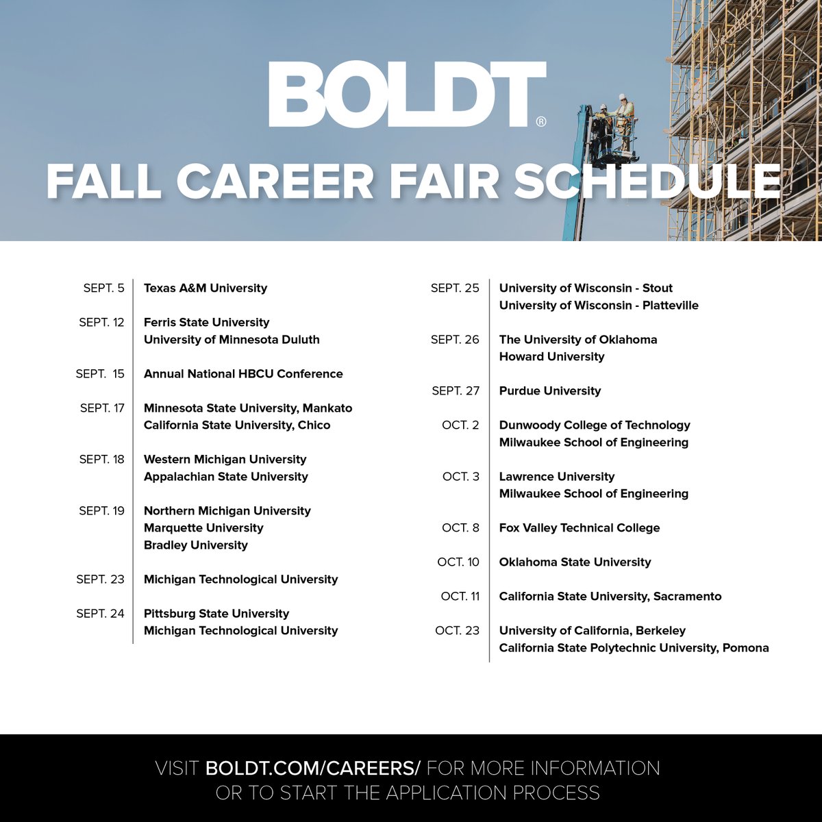 Attention college students! Get ready to network and explore your future career options with Boldt at these upcoming #CareerFairs. Don't miss out on these opportunities to kick-start your post-graduation plans. See you there! #Construction #CareersInConstruction #ConstructionJobs