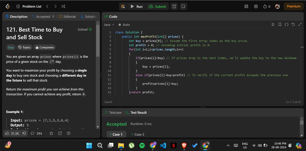 CipherArnav's tweet image. DAY-4  &quot;Best Time to Buy and Sell Stock&quot;
Cracked the stock market code—now if only cracking her heart’s code was this easy.😭💘📊 #LeetCode #coding #progrmming #ArtificialInteligence #StockMarket