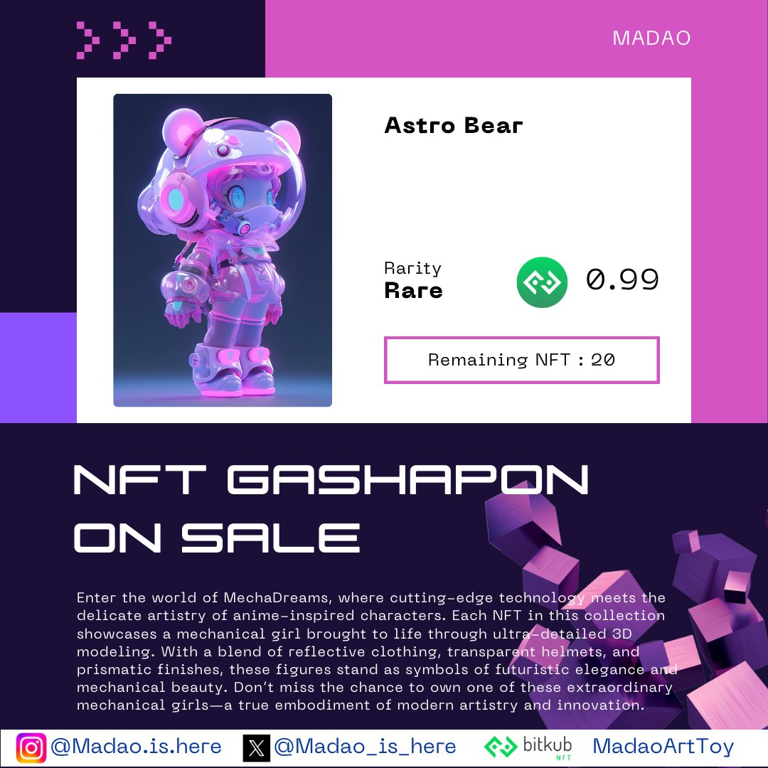 Madao_is_here's tweet photo. Art is meant to be experienced. Feel the energy of our newest NFT in every detail. 📷
💫 MechaDreams in Gashapon
👉🏼 Interested in this collection? You can visit at: https://t.co/lDwv6LTotv
#NFT #BitkubNFT #NFTTHAILAND #NFTcollection #NFTcollector #BitkubChain #BitkubNFT https://t.co/HzuVrKXxmQ