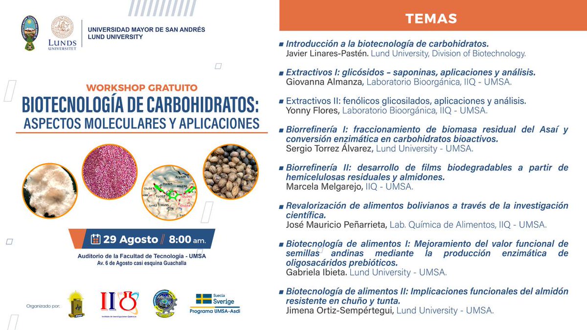 📢📢📢 Queremos compartirles este nuevo workshop en Biotecnología de Carbohidratos, gratuito, que introduce a los últimos avances que hacen las y los científicos bolivianos. #CienciaBoliviana #BolivianScience #LundUnivetsity <a href="/lunduniversity/">Lund University</a>  #UMSA <a href="/UMSAinformacion/">Universidad Mayor de San Andrés - UMSA</a>