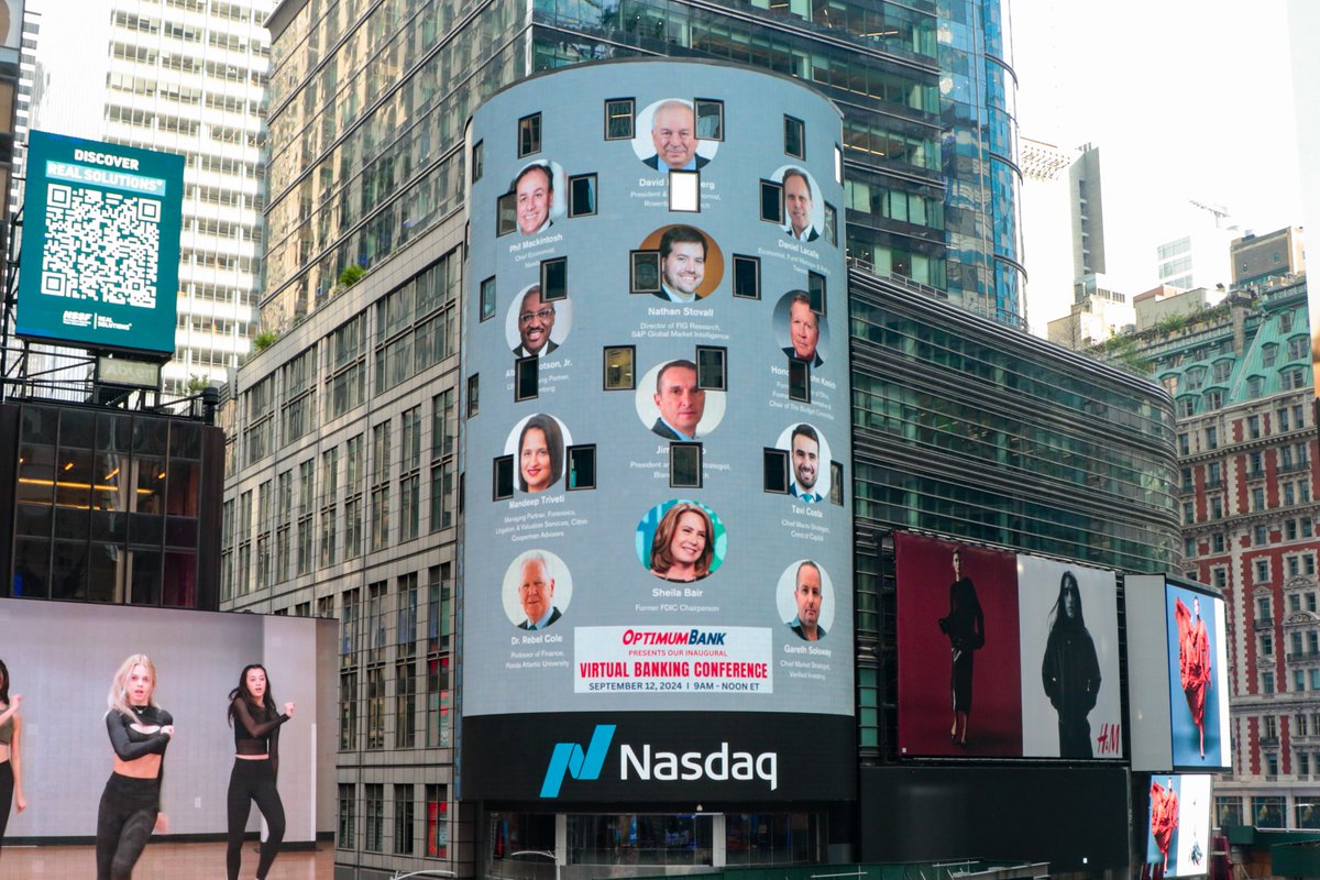 GarethSoloway's tweet photo. Looking forward to this banking conference and always fun to be featured on the NASDAQ jumbotron in NYC. #OptimumBank https://t.co/QidECiTJl2