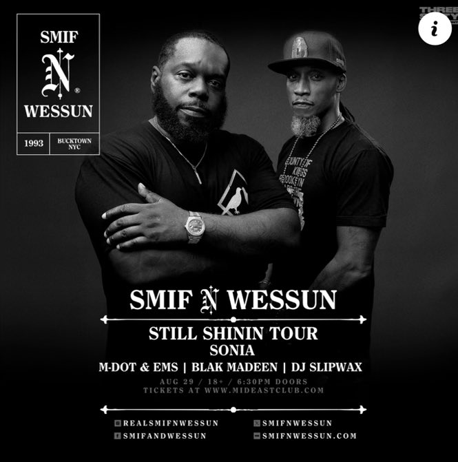 <a href="/Smifnwessun/">Smif-N-Wessun</a> LIVE !!!
STILL SHININ’ TOUR 
The Team <a href="/blak_madeen/">Blak Madeen (Al-J & Yusuf)</a> will be on the scene!!
Shout out to <a href="/leedzedu/">Leedz Edutainment</a> 
Come out and vibe with us! =&gt; 
youtu.be/Plwg1i7L5Vo?si…

<a href="/chuckcreekmur/">CHUCK JIGSAW CREEKMUR</a> <a href="/MrChuckD/">Chuck D</a> <a href="/karenhunter/">Karen Hunter</a> <a href="/beingkarmin/">Karmin</a> 
<a href="/DuckDownMusic/">Duck Down Music Inc.</a> <a href="/AP/">The Associated Press</a> <a href="/hiphopgods/">HipHopGods</a> <a href="/inlightenmg/">Inlightenmg</a> <a href="/IsaNahilaS/">Isa S Bigini aka Nahila S</a> <a href="/VICE/">VICE</a>