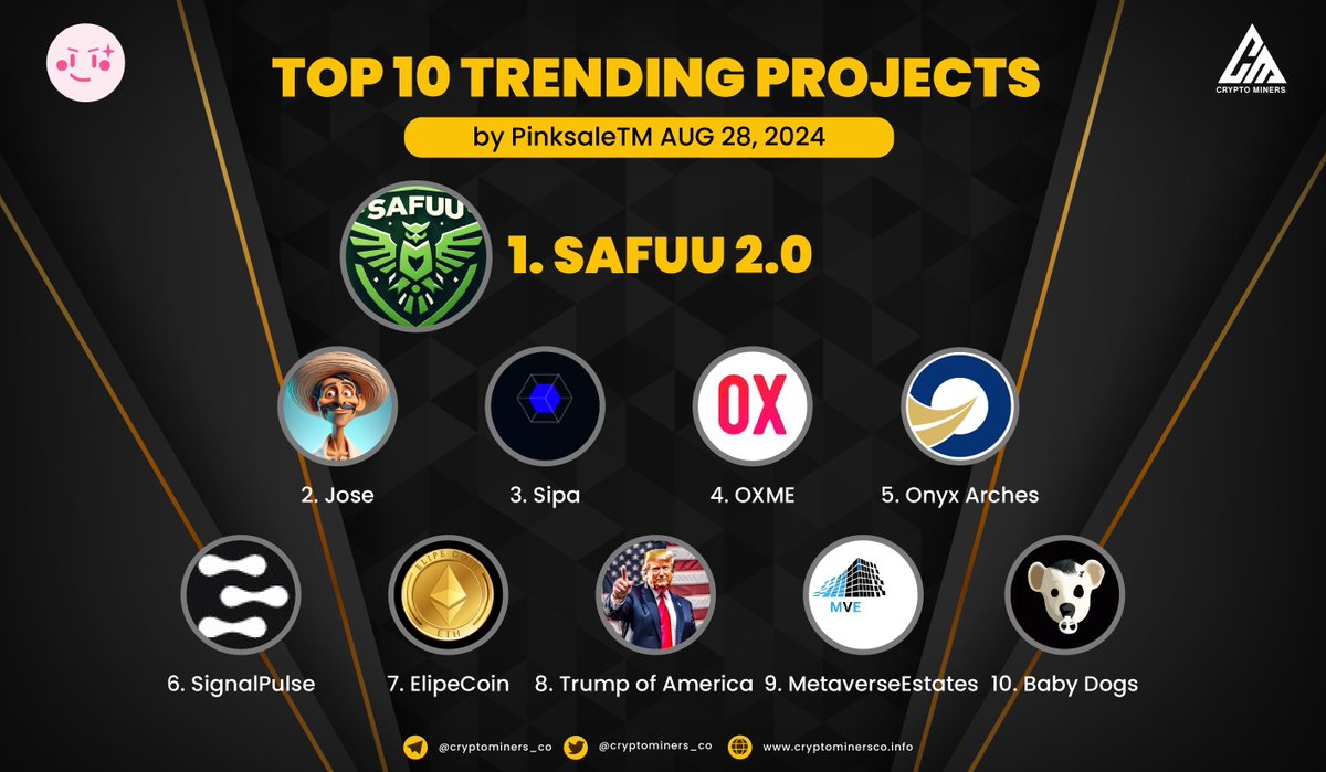 🏆 TOP 10 TRENDING PROJECTS on #PinkSale

🥇 $SAFUU - <a href="/SafuuV2/">Safuu 2.0</a>
🥈 $JOSE - <a href="/TheJoseCoin/">Jose Coin</a>
🥉 $SIPA - <a href="/SipaAsia/">Sipa</a>
4️⃣ $OXME - @oxygean_app
5⃣ $OXA - @onyxarches
6⃣ $SIP
7️⃣ $ELC - @elipecoin
8️⃣ $TRUMP - @Trumpofamericaa
9️⃣ $MVE - @MetaversEstates
🔟 $BABYDOGS - @BabyDogsOnTon

💥 Source:
