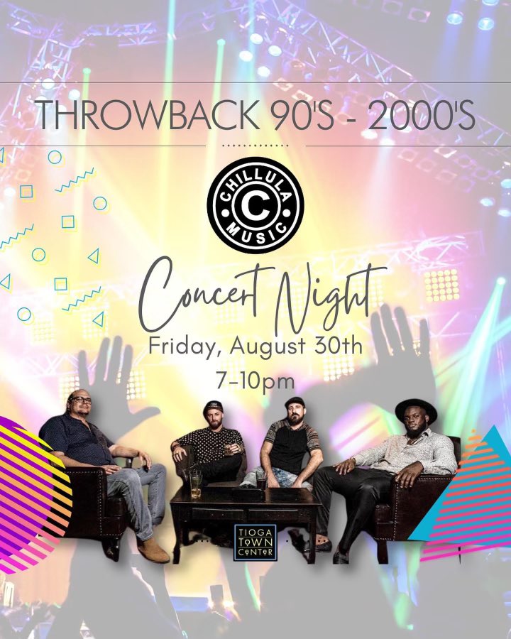 Tioga Town Center is having a Throwback 90’s-2000’s Concert Night featuring the band Chillula on Friday, August 30th from 7pm-10m! 🎶

#gainesvillefl #tiogatowncenter