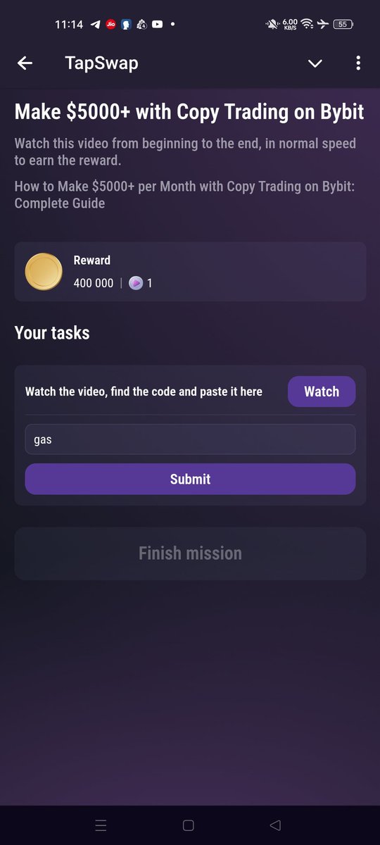 CryptoBullisher's tweet photo. TapSwap Today Cinema codes
๐๏ธAugust 28th 2024๐๏ธ
Q:- Stay Out of Poverty!
A:- validator
Q:- Make $5000+ with Copy Trading on Bybit..
A:- gas
No code is required for the other two tasks.
#tapswap #tapswapcode #tapswapupdate https://t.co/sx3k4Ez97j
