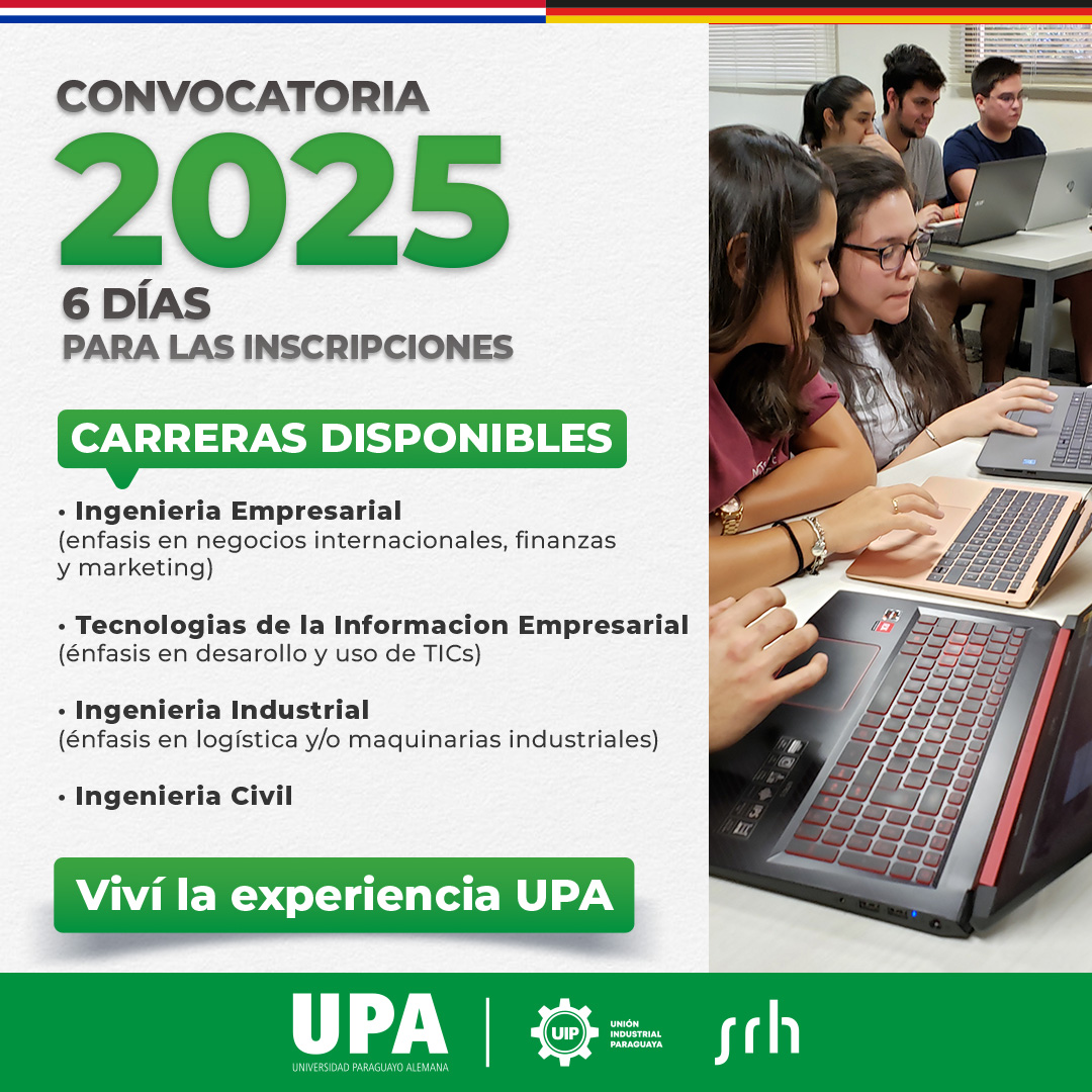 ¡Inscripciones abiertas muy pronto!

A partir del 2 de septiembre, asegúrate un lugar en la UPA, la universidad para quienes aspiran a llegar más lejos. 📈

📲 ¿Necesitás más información? Escribinos al +595 994 491 671.

#UPA #UniversidadParaguayoAlemana