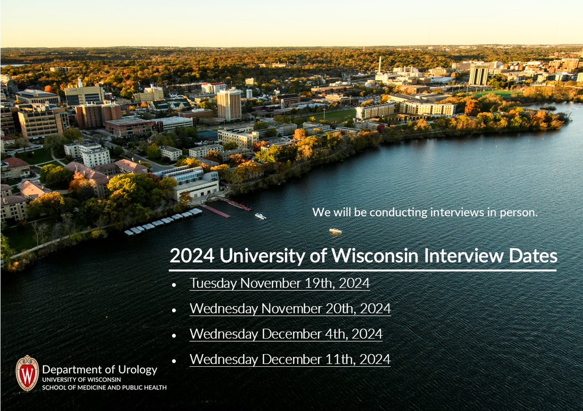 We are interviewing in person this year! Check out our dates below 👇 Find more info about our program and application details: urology.wisc.edu/education-and-… <a href="/wiscurology/">UW Urology</a> <a href="/so_uro/">UroSoMe</a> <a href="/UroResidency/">UroResidency</a> <a href="/Inside_TheMatch/">Inside The Match</a> <a href="/Uro_Res/">The Urology Applicant ⚕</a> #Match2024