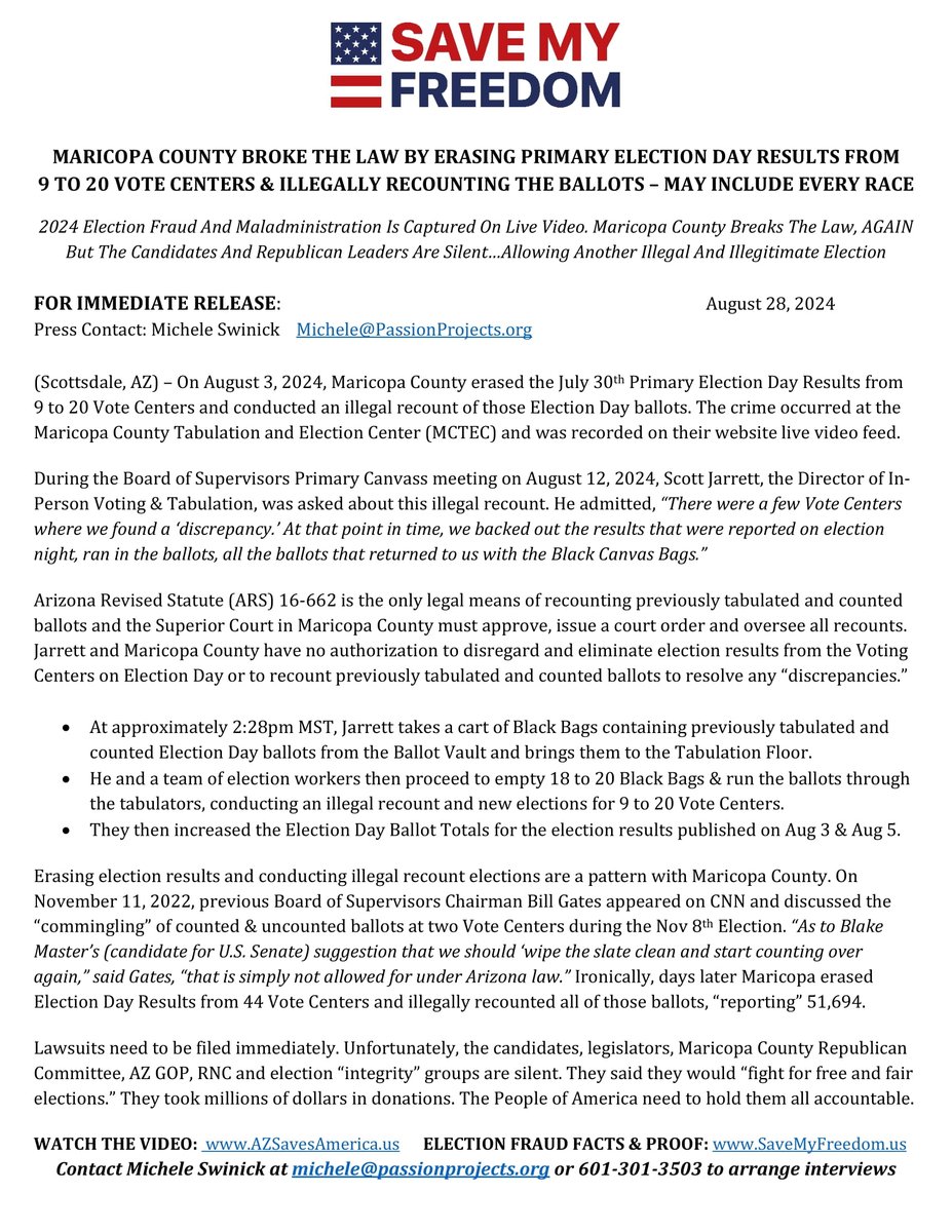 🚨BREAKING NEWS: MARICOPA COUNTY BROKE THE LAW BY ERASING 2024 PRIMARY ELECTION DAY RESULTS FROM 9 TO 20 VOTE CENTERS &amp; ILLEGALLY RECOUNTING THE BALLOTS!

Potentially affecting every race

ALL candidates &amp; republican leaders are SILENT

#VotingHarder2024 CAN'T beat FRAUD NOV 5!