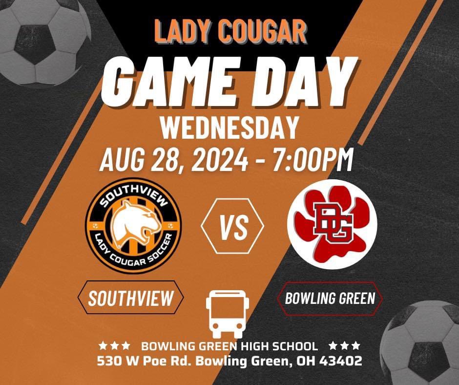 ⚽️🧡GAME DAY 🧡⚽️
📆 August, 28th, 2024
🆚 Bowling Green
🕖 7 PM
📍Bowling Green HS
🎟️ hs.bgcs.k12.oh.us/athleticshs/ti…

<a href="/southviewcougar/">Southview Athletics</a>