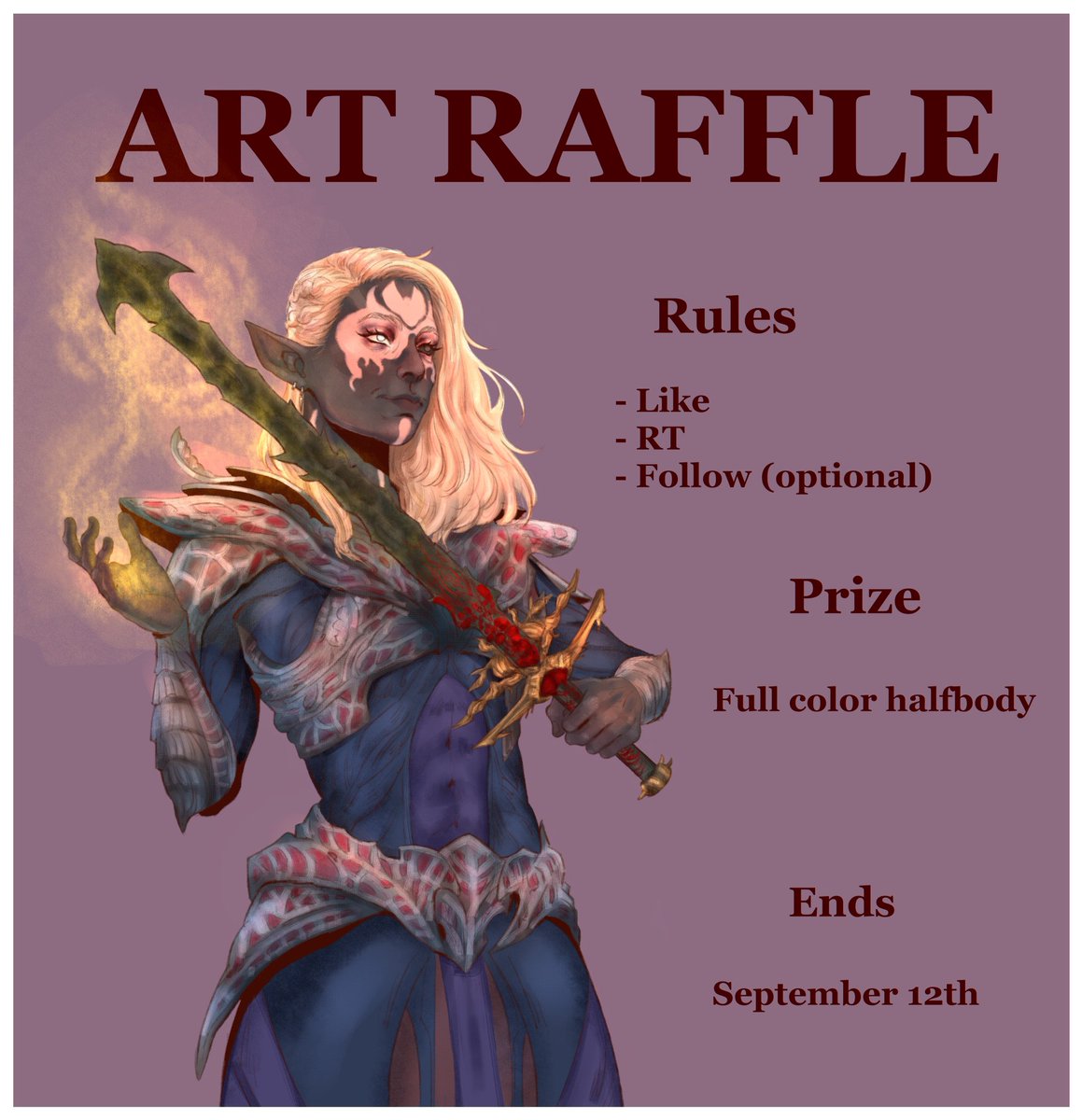 ✨️𝐀𝐫𝐭 𝐑𝐚𝐟𝐟𝐥𝐞✨️
to celebrate 600+ followers! tysm guys 💜

𝐑𝐮𝐥𝐞𝐬:
◇ Like
◇ Retweet
◇ Follow (optional)
◇ Drop your OC ref in the comments

𝐏𝐫𝐢𝐳𝐞:
✨️ Full color halfbody ✨️

𝐄𝐧𝐝𝐬: September 12th 
Good luck everyone!