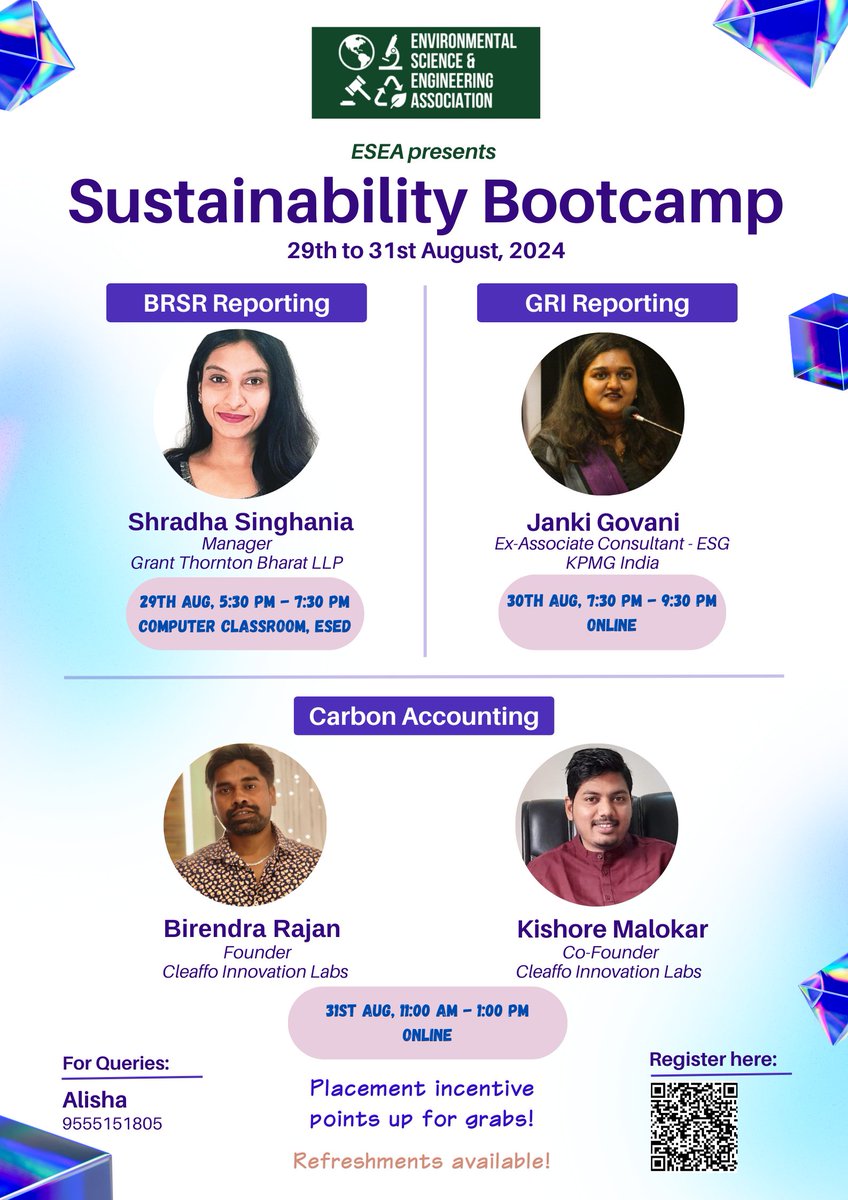 esea_iitb's tweet photo. 🚀 Level Up Your Sustainability Skills! 🌱 Join our 3-part Bootcamp to gain insights from experts and earn a certificate.

🗓️ Dates: 29-31 Aug
📍 Venue: On-Campus &amp; Online
🎓 Certificates &amp; Incentive Points!

Register now: https://t.co/WlU6OcT8mA
#Sustainability #ESG #Careers https://t.co/XX130SB40y