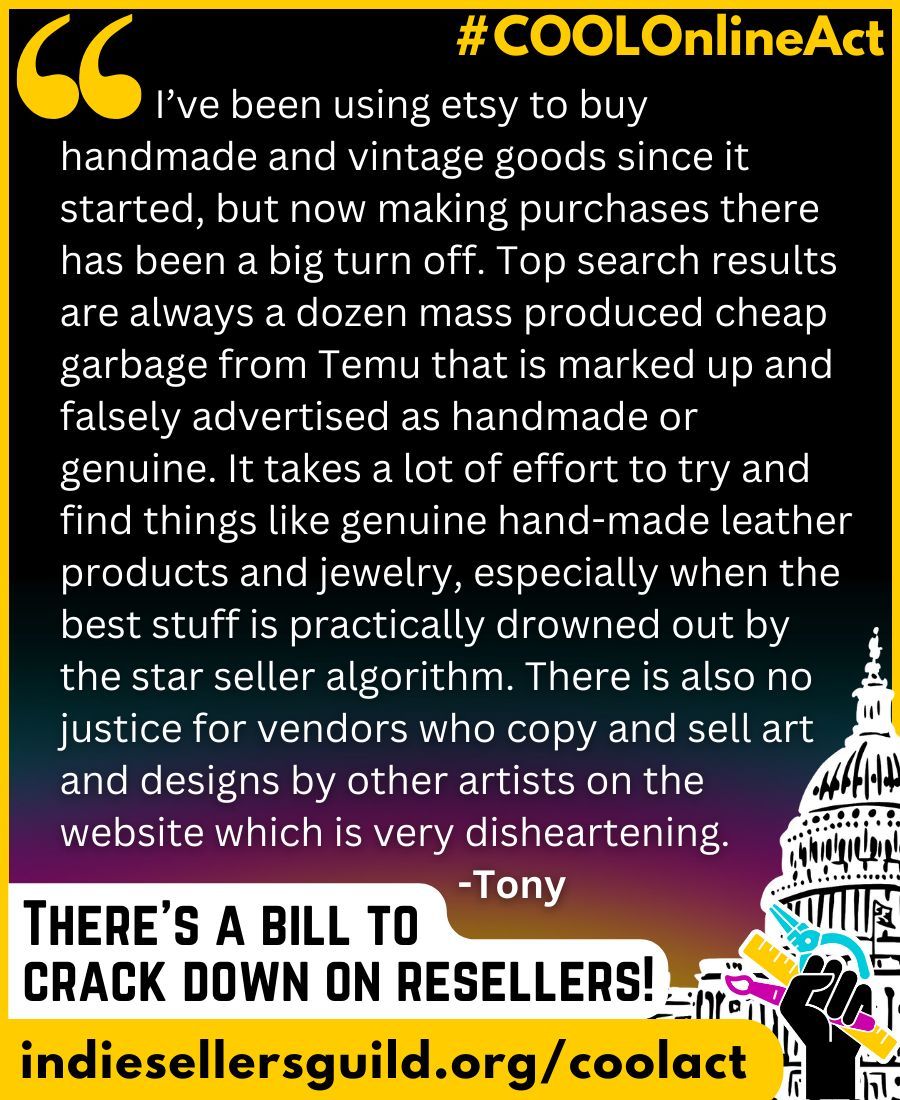 Tony is an Etsy seller who used to be a shopper there too.  Not anymore.

Share your story at buff.ly/493BqWS
#CoolOnlineAct #transparency #falseadvertising #transparencymatters #shopindie #indiesellersguild