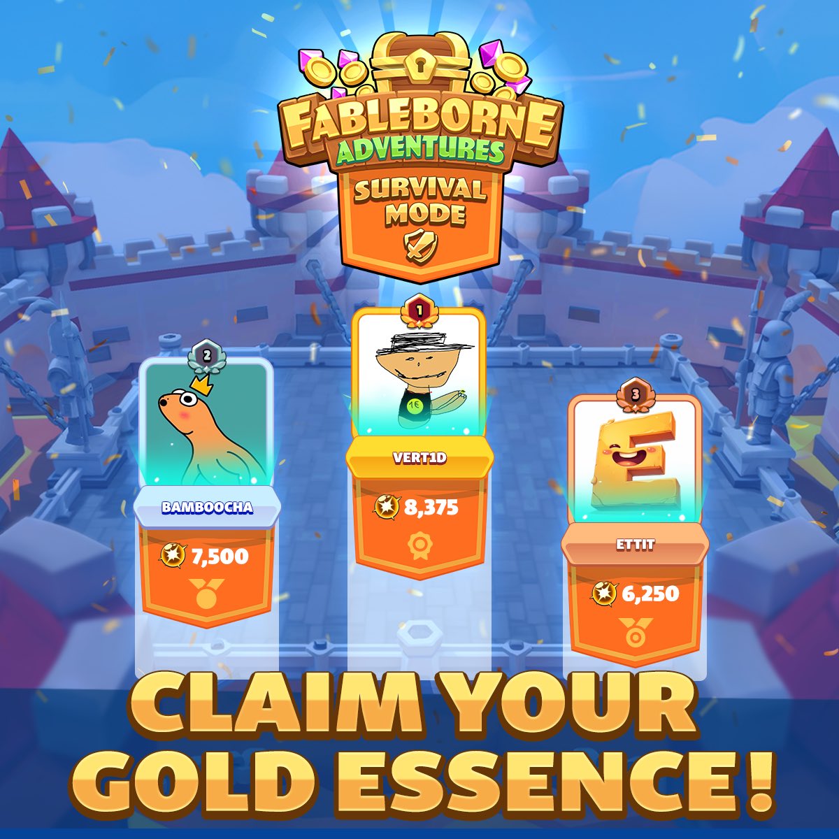 The results are in from our Siege Survival event! 🏆📋

Congratulations to all of our players, including the top 3 who have taken the podium! Enjoy your Gold Essence rewards! 🎁

Gold Essence claim for qualifying players is now available by logging into the Fableborne app.