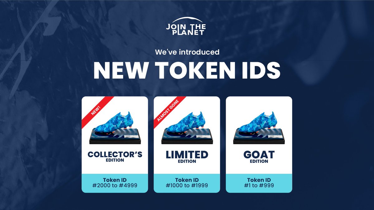 Join_thePlanet's tweet photo. Now is the time to pick your favorite football boot edition made in collaboration with Leo Messi. Each boot comes with a unique Token ID, making it one-of-a-kind.

Join The Planet and get yours at https://t.co/VCMFyrVBZ6. https://t.co/h3GP5usy0Y