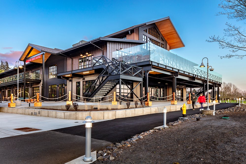 Check out the beautiful Mountain Timber Market in Kalama Harbor, set on the bank of the Columbia River! Read more on the Mountain Timber Market at pcs-structural.com/projects/mount……. Photos: Doug Whittaker