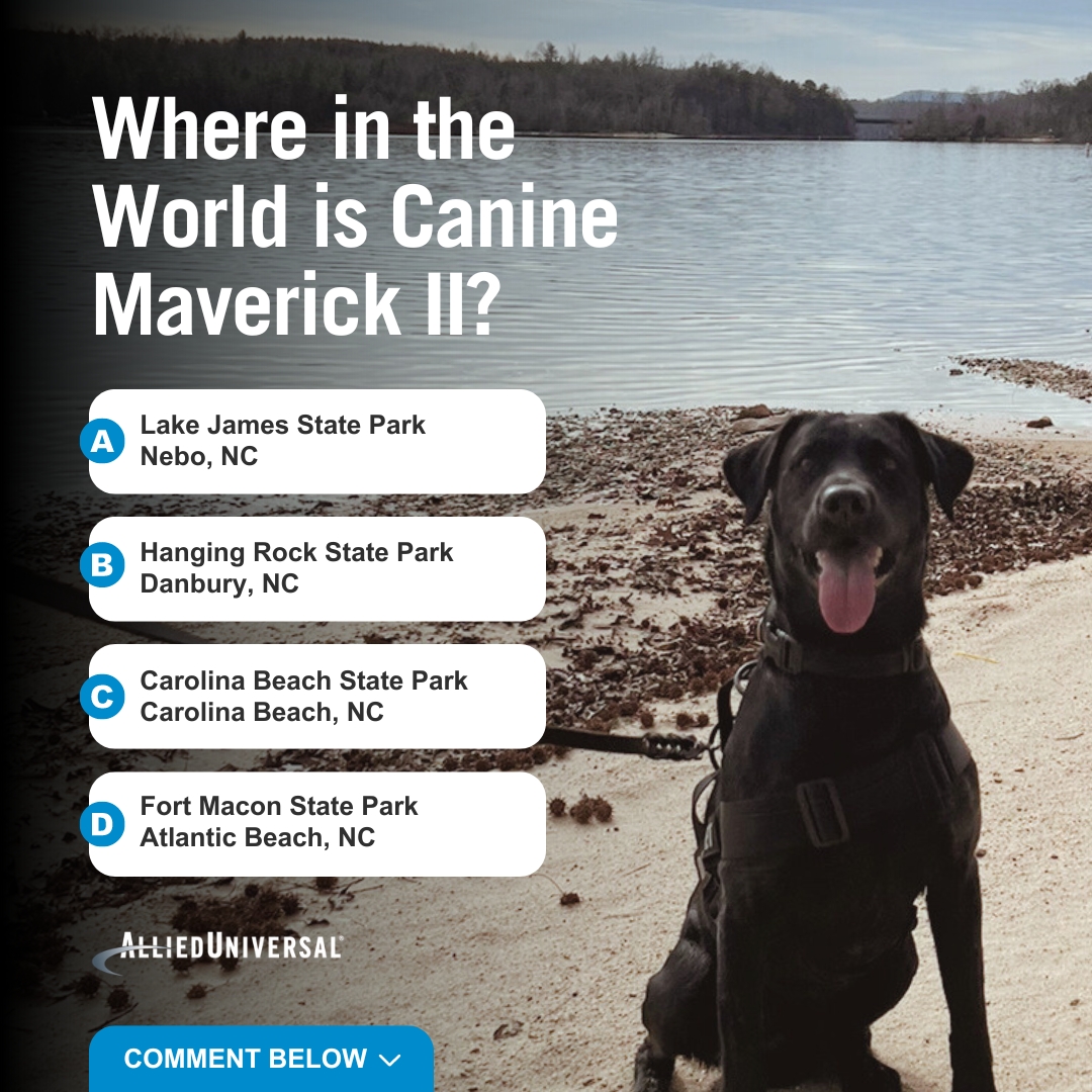 AlliedUniversal's tweet image. Kyle and Canine Maverick II are enjoying a day at their favorite state park in North Carolina. Can you guess which one? 

Drop your guess in the comments below.

#WhereInTheWorld #Canine #CanineDetection #BombDog #ExplosivesDetection #FirearmsDetection #NarcoticsDetection