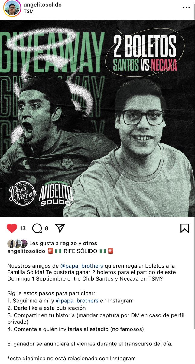 🚨🇳🇬 RIFE SÓLIDO 🇳🇬🚨

Nuestros amigos de <a href="/PapaBrothers/">Papa Brothers</a> quieren regalar boletos a la Familia Sólida! Te gustaría ganar 2 boletos para el partido de este Domingo 1 Septiembre entre Club Santos y Necaxa en TSM? (SEGUIR LOS PASOS EN INSTAGRAM) 
👇🏻👇🏻👇🏻👇🏻