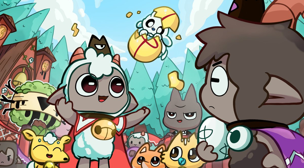 The lamb and  goat tend the eggs in the nursery，but the goat seems to be not very happy.
 （the white spirit is my ori character）
#cultofthelamb #cultofthelambfanart