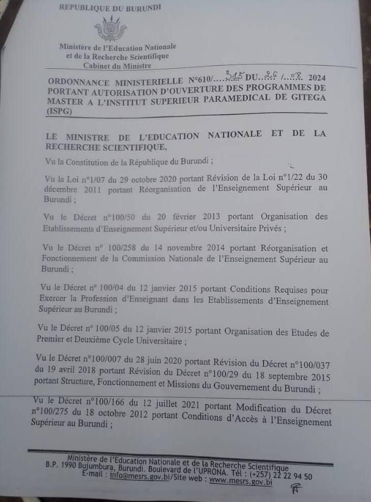 GitegaVuturaa's tweet photo. #Gitega. Par ordonnance ministerielle Nº610/315 du 26/8/2024 portant autorisation d'ouverture des programmes de Master, l'#ISPG est autorisé à ouvrir de formation de Master en sciences de la santé publique options:
➡️Analyse des organisations de la santé
➡️Management de la Santé https://t.co/BcKX1chb0N