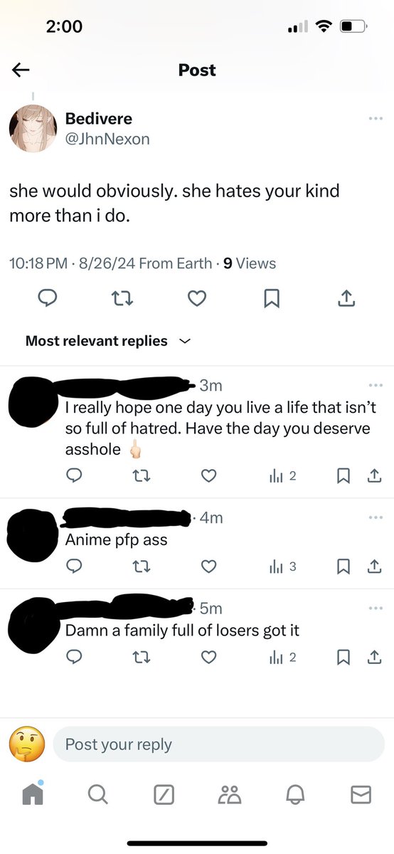 My second account is the blacked out one. This bitch is absolutely insane and needs to be banned from Twitter, how are people allowed to say shit like this?