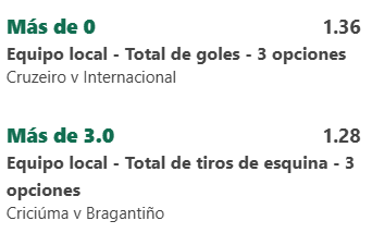 ⚽️ Fútbol - Brasileirao serie A 🇧🇷

👉🏽Cruzeiro 0.5 goles 
👉🏽Criciuma 3.5 tiros de esquina 

📈 Cuota/Momio 1.75

📍 STAKE 10

#FreePicks #gamblingx #GamblingTwitter #Brasileirao
