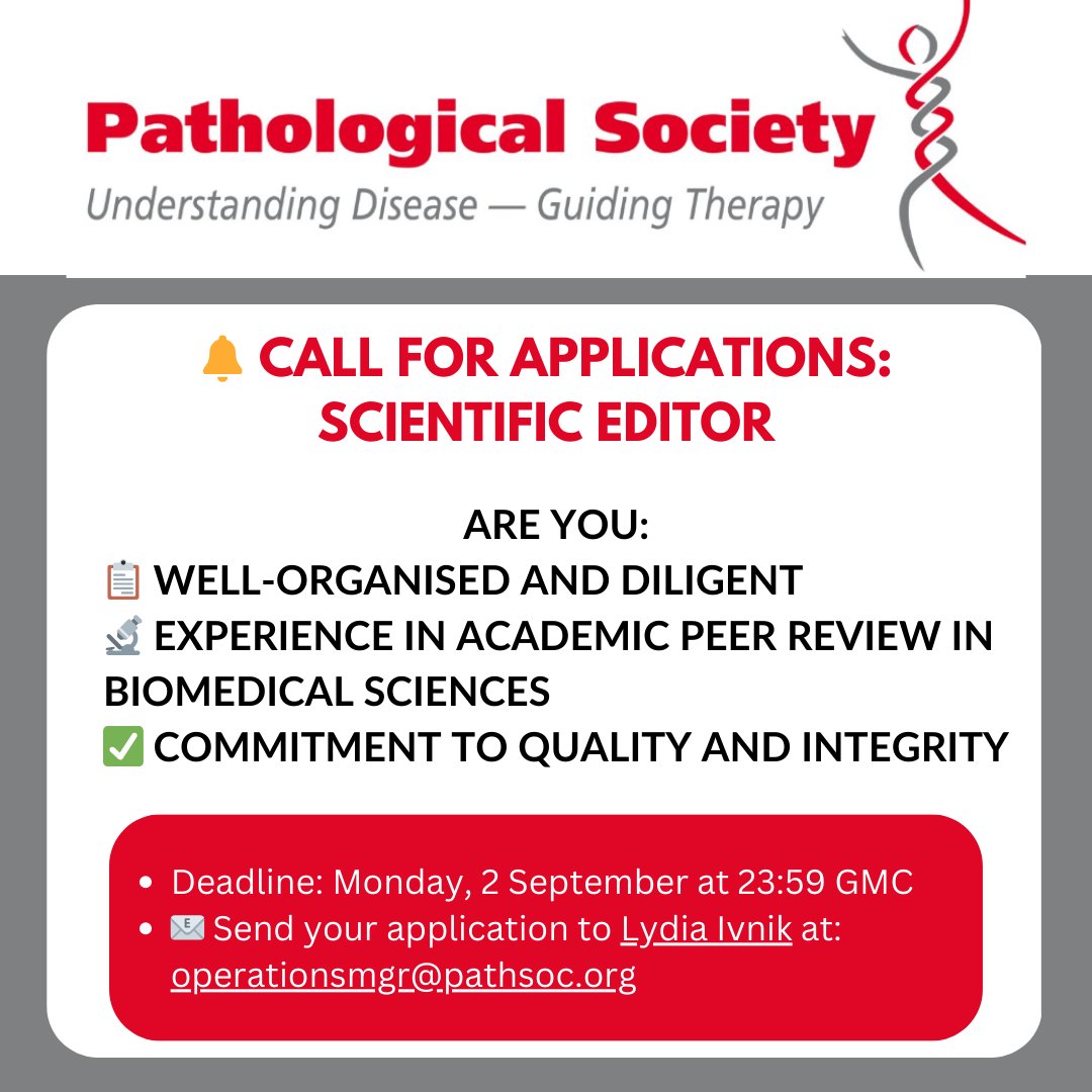 Less than a week to apply! 🗓️

We are seeking a Scientific Editor for The Journal of Pathology and The Journal of Pathology: Clinical Research.  🔬 

For a full job description: shorturl.at/2XEPk