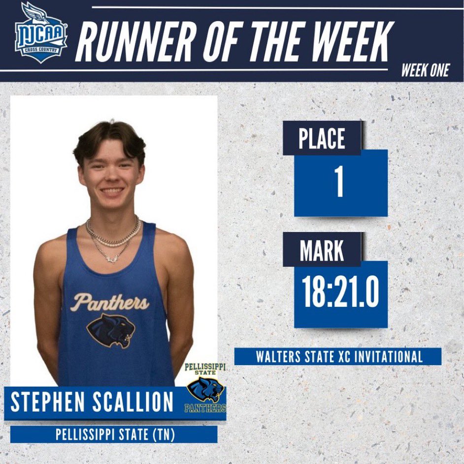 🏆First place finish

Stephen Scallion of @PSCCXC is the #NJCAAXC Men's Runner of the Week!

Scallion's mark of 18:21.0 earned first place in the Walters State XC Invitational.

#NJCAAPOTW #WeRunTheValley