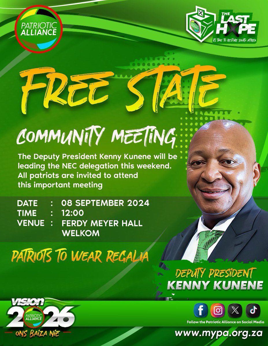 The final leg of #FixingPA will be hosted in Free State province. 💚🇿🇦 #OnsBaizaNie #Vision2026 <a href="/Kenny_T_Kunene/">Kenny Kunene</a>
