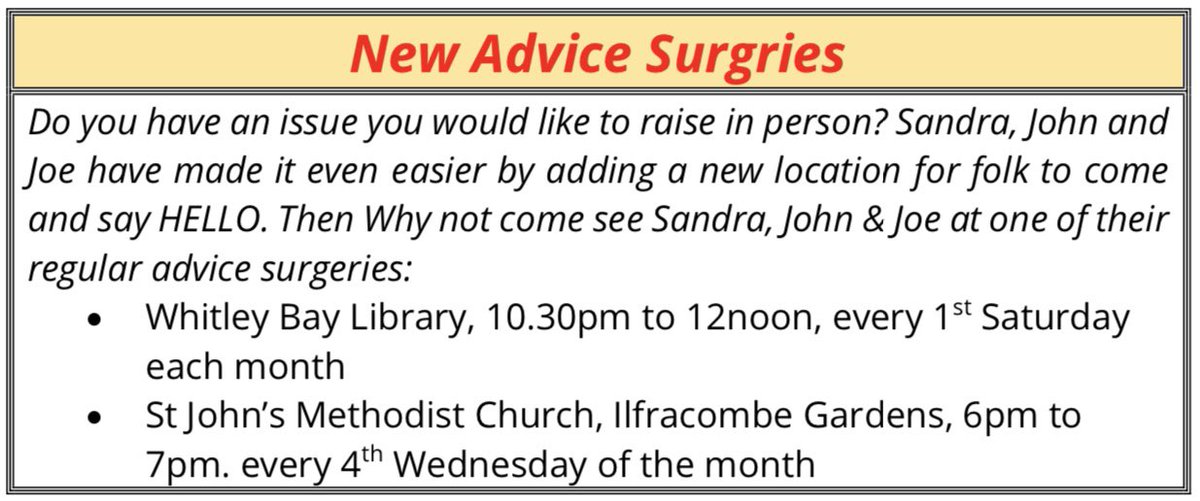🚨👇New Councillor Advice Surgries👇🚨
