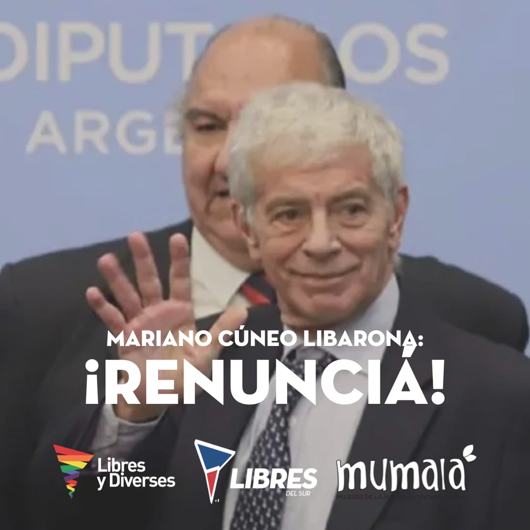 No podemos permitir que estos discursos de odio se reproduzcan como si nada, necesitamos de un Estado presente y de políticas de género que garanticen nuestra protección.
 Mariano Cúneo Libarona: ¡RENUNCIA!