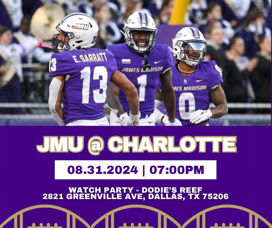 DFWDukes's tweet image. Join us this Saturday night for our DFW Dukes JMU Football Watch Party!

🏈JMU vs. CLT
 📅 August 31st at 7pm
📍Dodie’s Reef | 2821 Greenville Ave, Dallas, TX 75206
🔗 RSVP Link: alumni.jmu.edu/s/1591/18/inte…

Invite your friends and family to cheer on the Dukes!