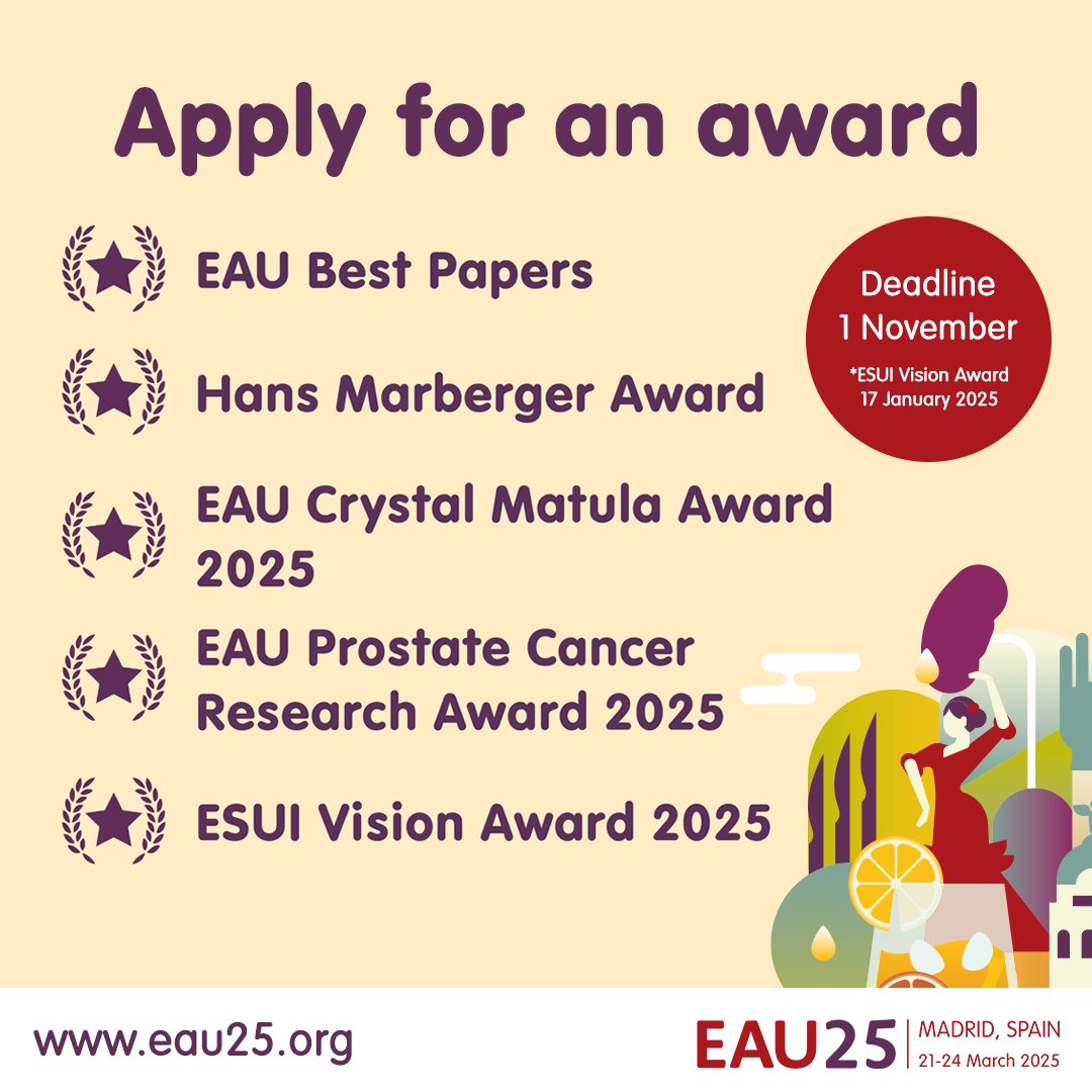 Calling innovators in urology! Your remarkable dedication and contributions will not go unnoticed. We highly encourage you to apply for any of the prestigious #EAU25 Awards! 🏆 

For information on how to seize this opportunity, please visit 👇
eaucongress.uroweb.org/the-congress/a…