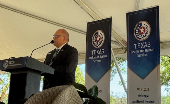 Mayor Rick Carmona addresses the crowd at today's groundbreaking for the new Terrell State Hospital.