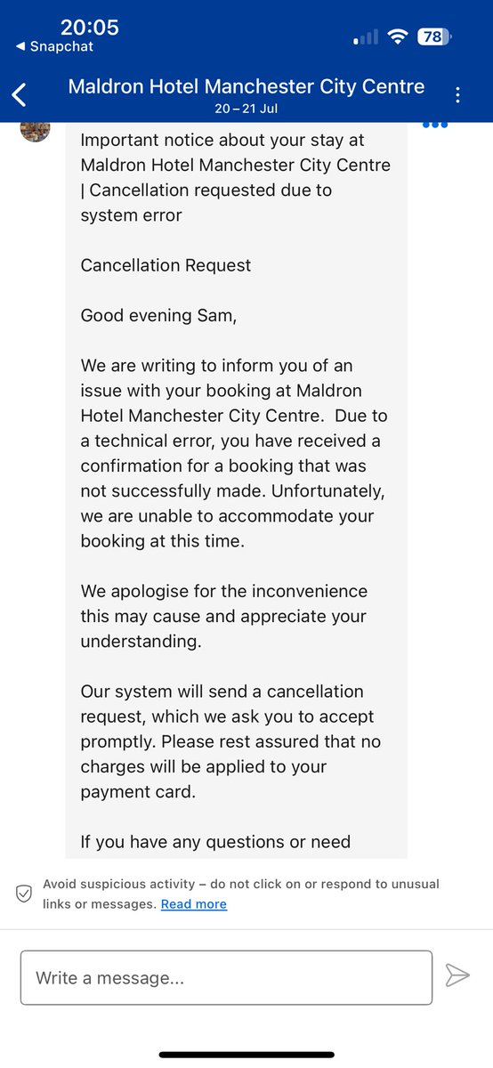 S_Clayto8's tweet photo. @ThatsManchester @danpotter31 Same has happened to me, I booked for the 11th, 12th, 19th and 20th on Monday and received the below response for each date after Oasis officially announced the tour on the Tuesday at 8am - shocking from @MaldronHotels https://t.co/LtBqrIPyh5