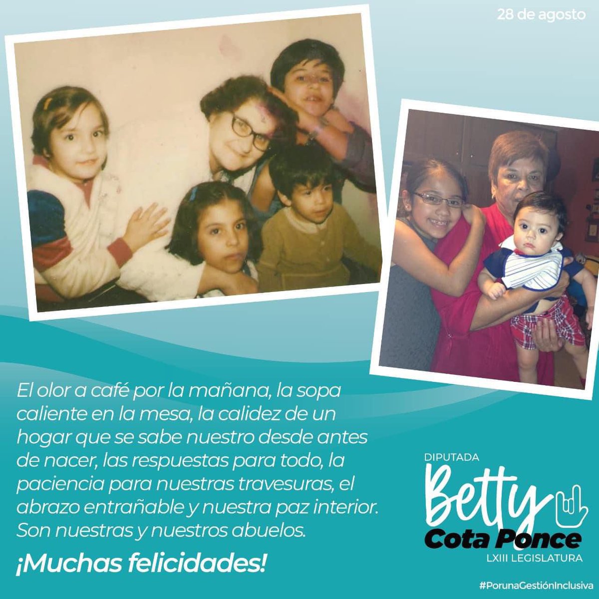 BettyCotaPonce's tweet image. ¡Muy feliz día a todas las abuelitas y abuelitos en su día! Les mando un fuerte abrazo 👵👴

#PorUnaGestiónInclusiva 🤟