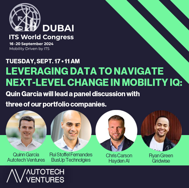 Autotech Ventures (@autotechvc) on Twitter photo We are headed back to Dubai to <a href="/ITS_Congresses/">ITS Congresses</a>. We're talking about how to leverage data with <a href="/BusUp_es/">BusUp</a>, <a href="/haydenaitech/">Hayden AI</a> and <a href="/gridwise_io/">Gridwise</a>. 
Reach out if you'll be there! We are headed back to Dubai to <a href="/ITS_Congresses/">ITS Congresses</a>. We're talking about how to leverage data with <a href="/BusUp_es/">BusUp</a>, <a href="/haydenaitech/">Hayden AI</a> and <a href="/gridwise_io/">Gridwise</a>. 
Reach out if you'll be there!