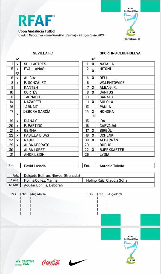 🏆𝗖𝗼𝗽𝗮 𝗔𝗻𝗱𝗮𝗹𝘂𝗰𝗶́𝗮 de Clubes femeninos de Fútbol

🔝 Tenemos alineaciones de la segunda semifinal 

⚔️ <a href="/SevillaFC_Fem/">Sevilla FC Femenino</a> 🆚 <a href="/sportinghuelva/">Fundación Cajasol Sporting de Huelva</a> 

⏰21:00
📺En directo en el canal 1️⃣ de <a href="/RFAF_tv/">RFAFtv</a> 

👤 La presidenta del fútbol femenino de la  <a href="/RFAF/">RFAF</a>,  Meritxell Rubio, junto con