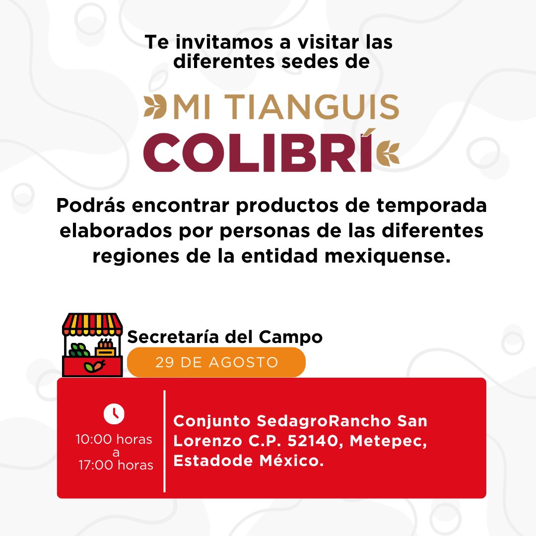 CampoEdomex's tweet photo. No te pierdas las sedes de #MiTianguisColibrí de esta quincena, podrás encontrar productos de temporada como: café, queso, miel, diferentes hortalizas de temporada y muchas cosas más.

#SomosCampo #RenacerDelCampo https://t.co/GxhkWGySnC