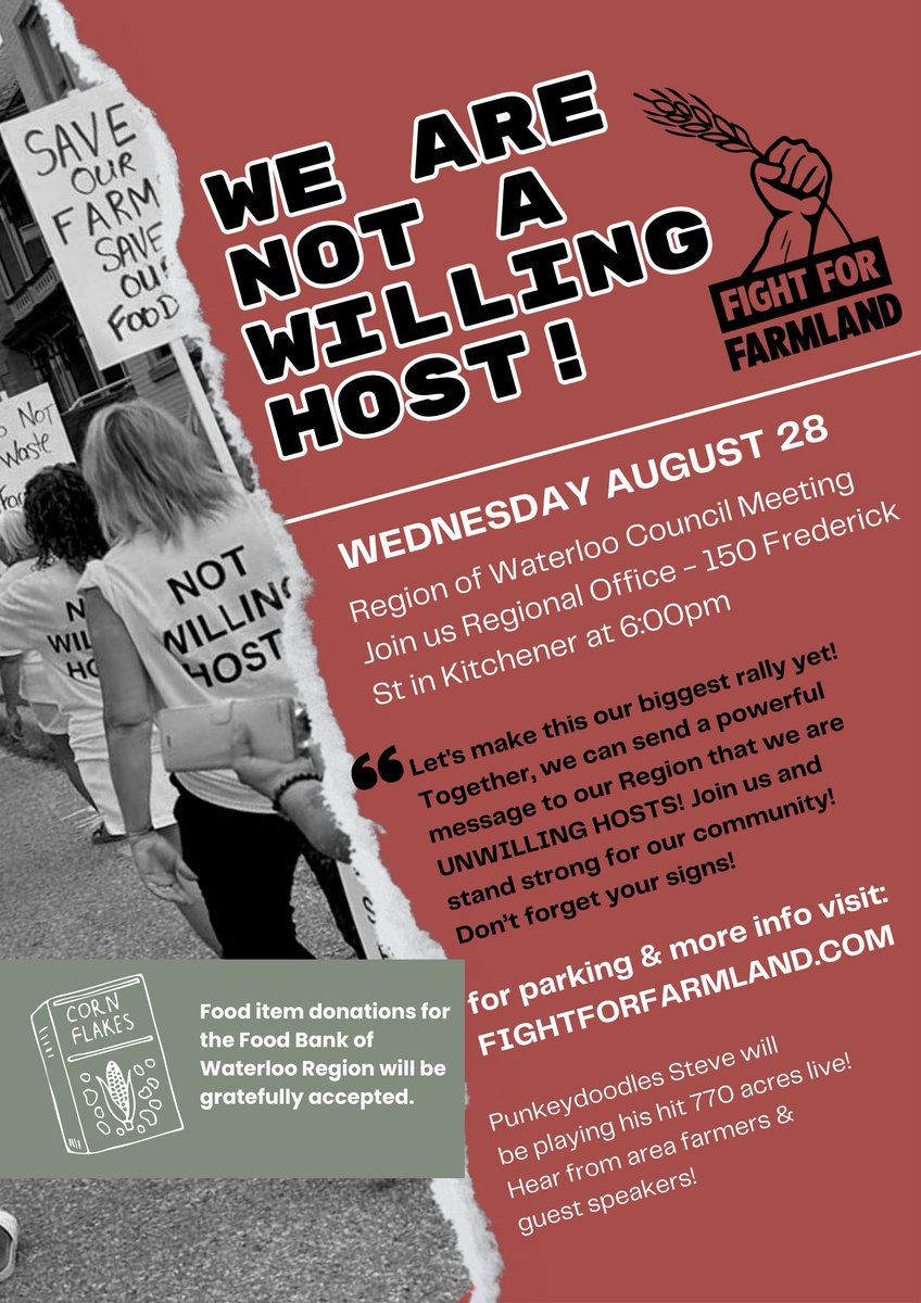 Jennifer🥕Pfenning (@pforganicsjenn) on Twitter photo Let's fill the streets around the <a href="/RegionWaterloo/">Region of Waterloo</a> Council chambers tonight!
150 Frederick St, Kitchener
6:00pm
#NoFarmlandNoFood! #WeAreNotAWillingHost Let's fill the streets around the <a href="/RegionWaterloo/">Region of Waterloo</a> Council chambers tonight!
150 Frederick St, Kitchener
6:00pm
#NoFarmlandNoFood! #WeAreNotAWillingHost