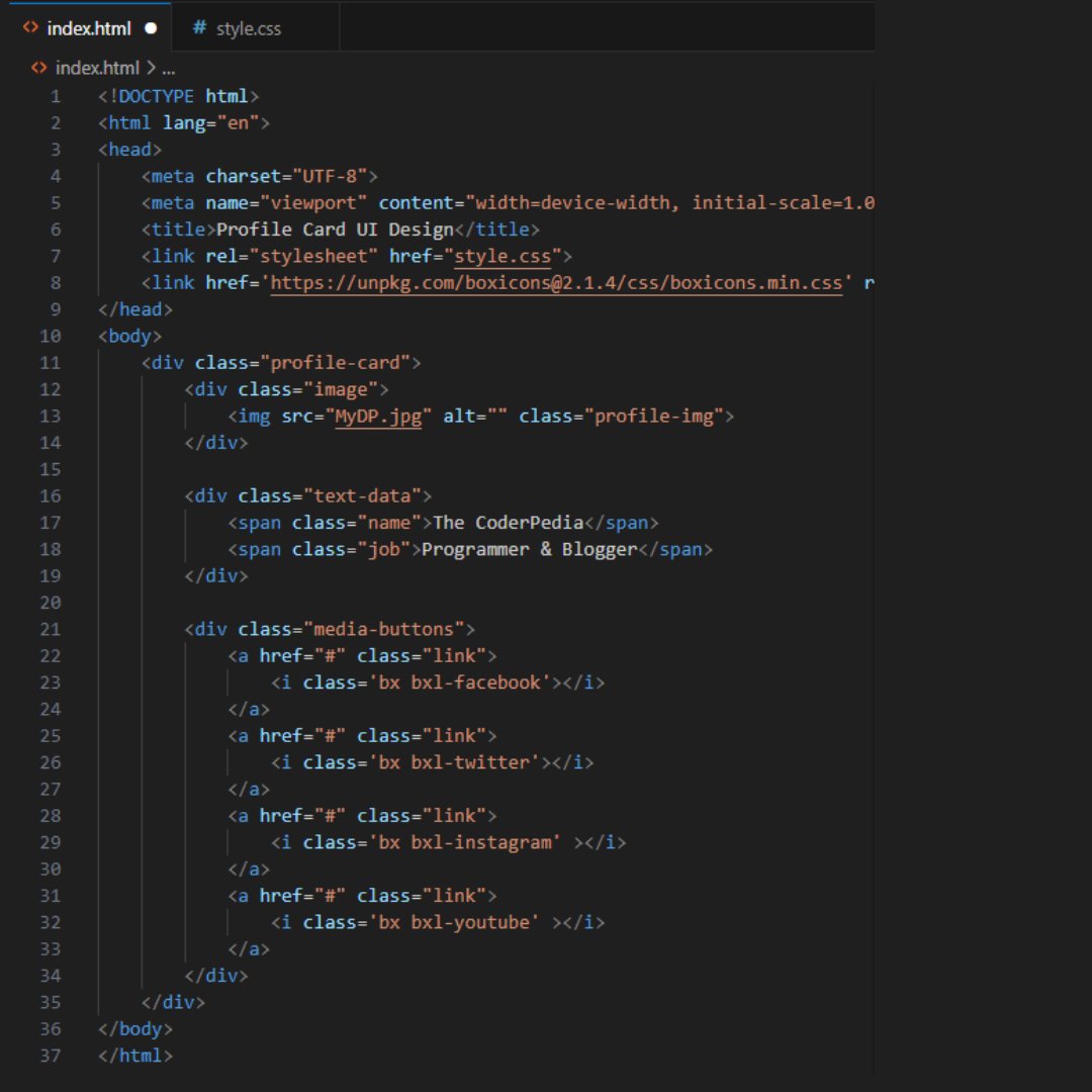 coderpedia's tweet photo. Hey guys, this was our Day 11 of #100DaysOfCode challenge in which I have created a Profile Card UI Design using HTML &amp; CSS
.
From tomorrow we'll start with the basics of Javascript and will try to implement it in our designs
.
Follow us @coderpedia for more 🚀 https://t.co/IeCcD3R2ix