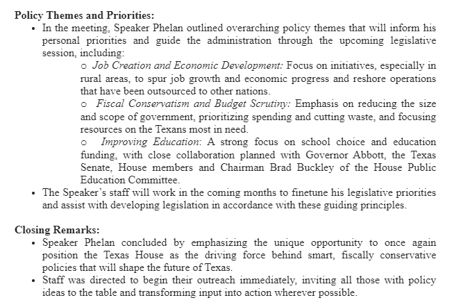 bradj_TX's tweet photo. Inbox: Readout from @DadePhelan's office on a meeting with the new chief of staff, Mike Toomey. #txlege
Listed policy priorities:
-Job creation/economic dev
-Spending restraints/waste cuts
-School choice and education funding https://t.co/NnMmho8zeE