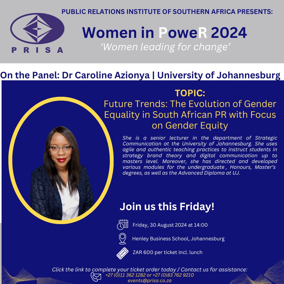 PRISA (@prisa_africa) on Twitter photo We’re thrilled to introduce Dr. Caroline Azionya, a leading voice in Strategic Communication, from <a href="/go2uj/">University of Johannesburg</a>, as a panelist at this year’s Women in PoweR event.
Secure your spot here: (forms.gle/mVMxZ8zM84obLW…)
#womeninpower #womenincommunication #womeninpr #womenleadingforchange We’re thrilled to introduce Dr. Caroline Azionya, a leading voice in Strategic Communication, from <a href="/go2uj/">University of Johannesburg</a>, as a panelist at this year’s Women in PoweR event.
Secure your spot here: (forms.gle/mVMxZ8zM84obLW…)
#womeninpower #womenincommunication #womeninpr #womenleadingforchange