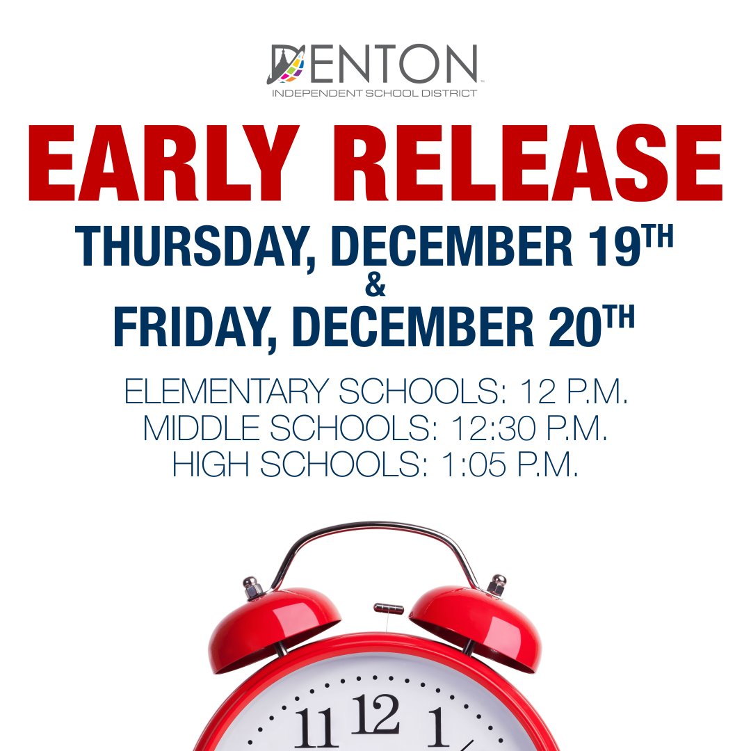 Winter break is right around the corner and so are a couple of early release days. We have two this week. Enjoy the early start to the break.
